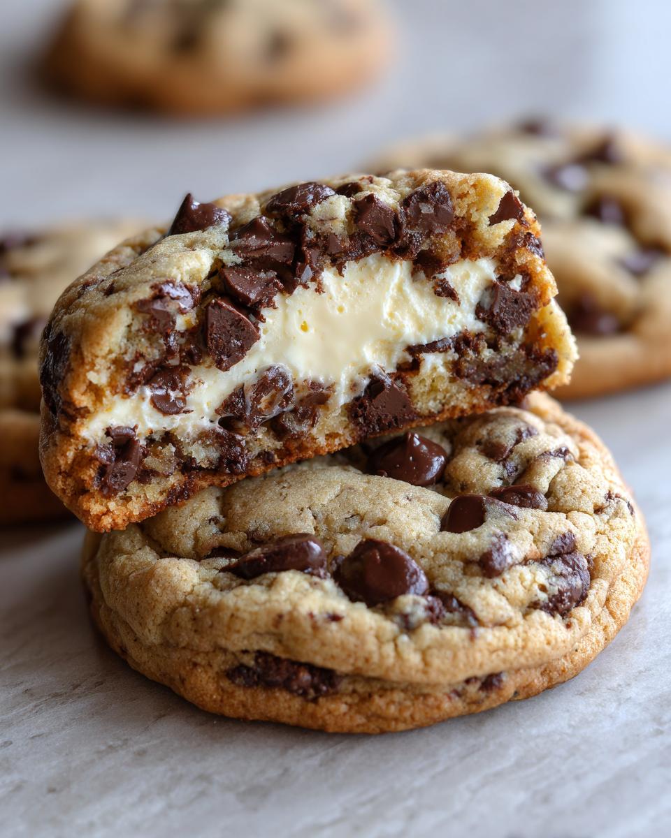 A close-up of chocolate chip cheesecake cookies, one broken in half revealing a creamy cheesecake center.
