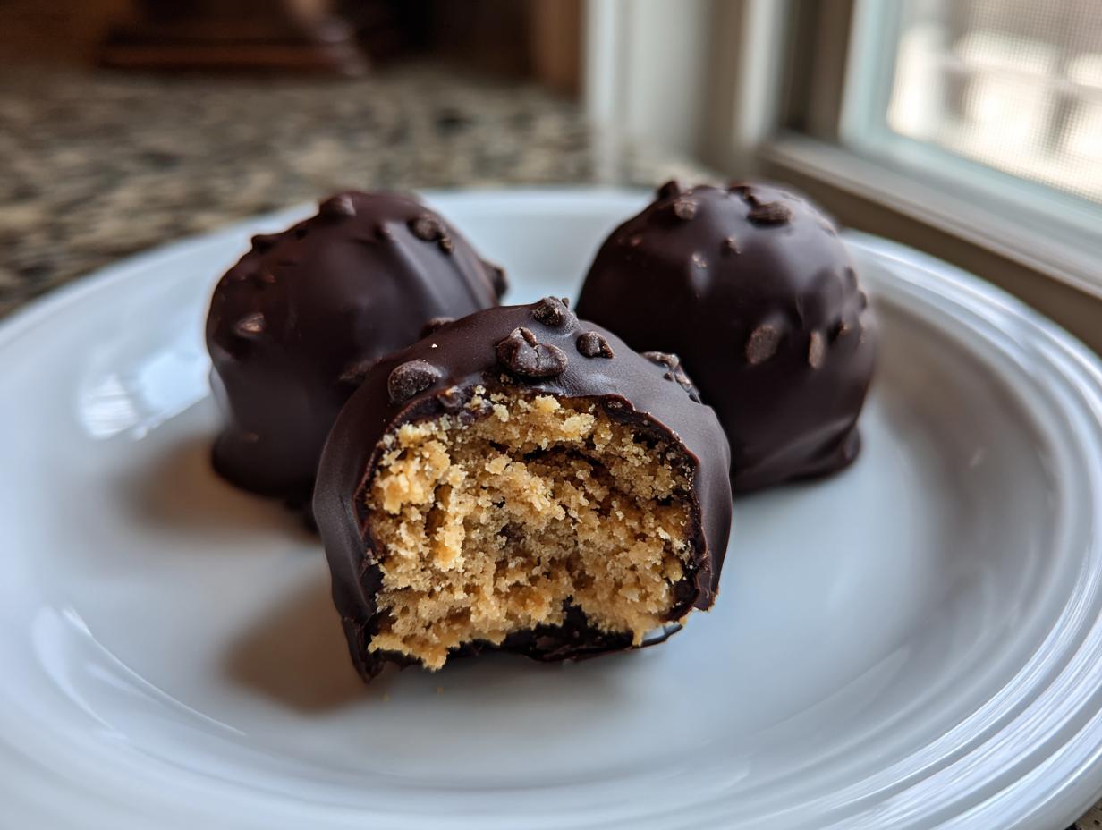 Three chocolate chip cookie dough truffles on a white plate, one is bitten open showing the doughy interior.