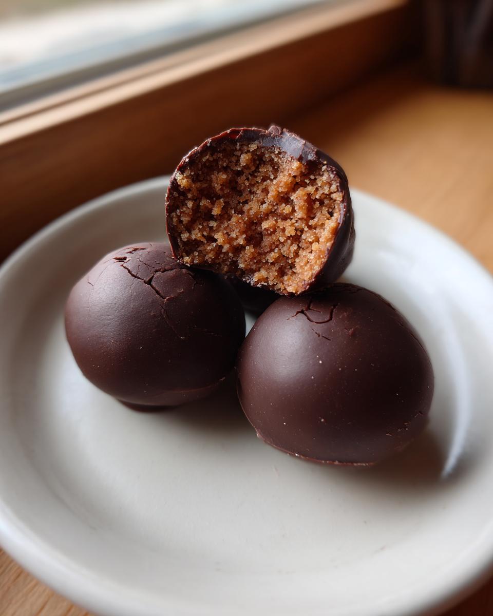 Three chocolate chip cookie dough truffles on a white plate, one is cut in half showing the doughy interior.