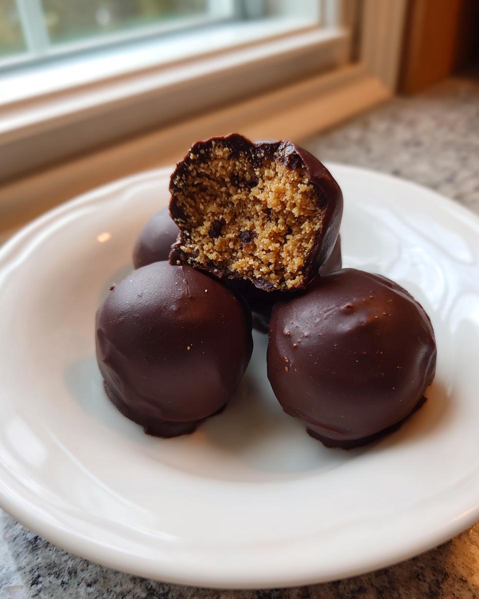 Four chocolate chip cookie dough truffles on a white plate, one cut open to show the doughy center.