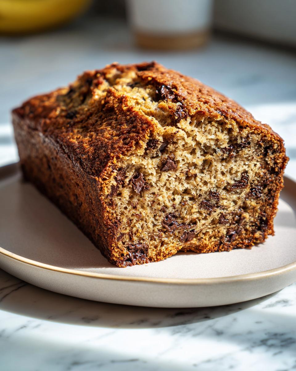 A freshly baked loaf of chocolate chip vegan banana bread with a dark, golden-brown crust, resting on a light plate.
