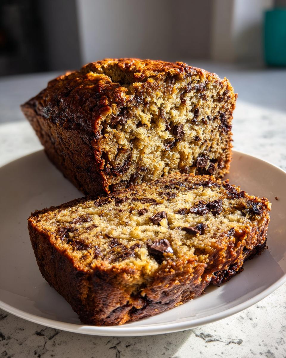 A moist loaf of chocolate chip vegan banana bread, partially sliced on a white plate.