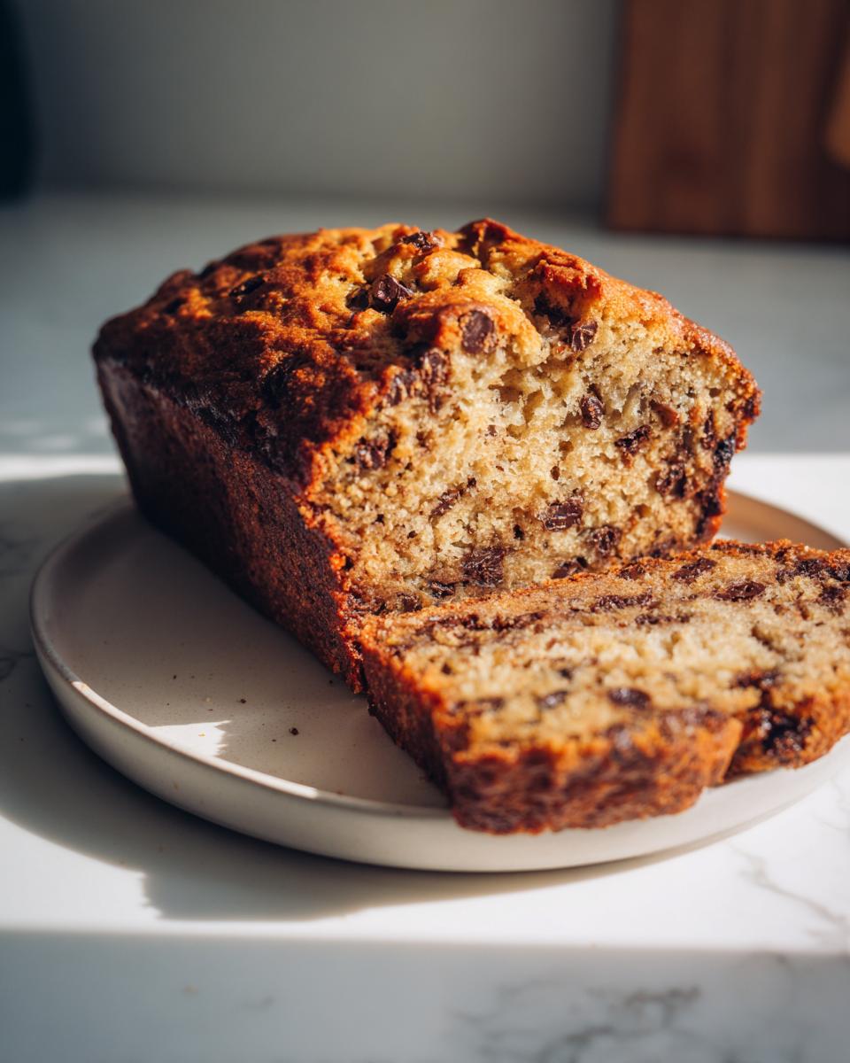 A close-up of a freshly baked vegan banana bread loaf with chocolate chips, sliced on a light plate.