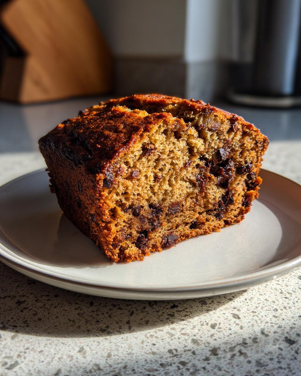 A close-up of a moist slice of chocolate chip vegan banana bread sitting on a light gray plate.