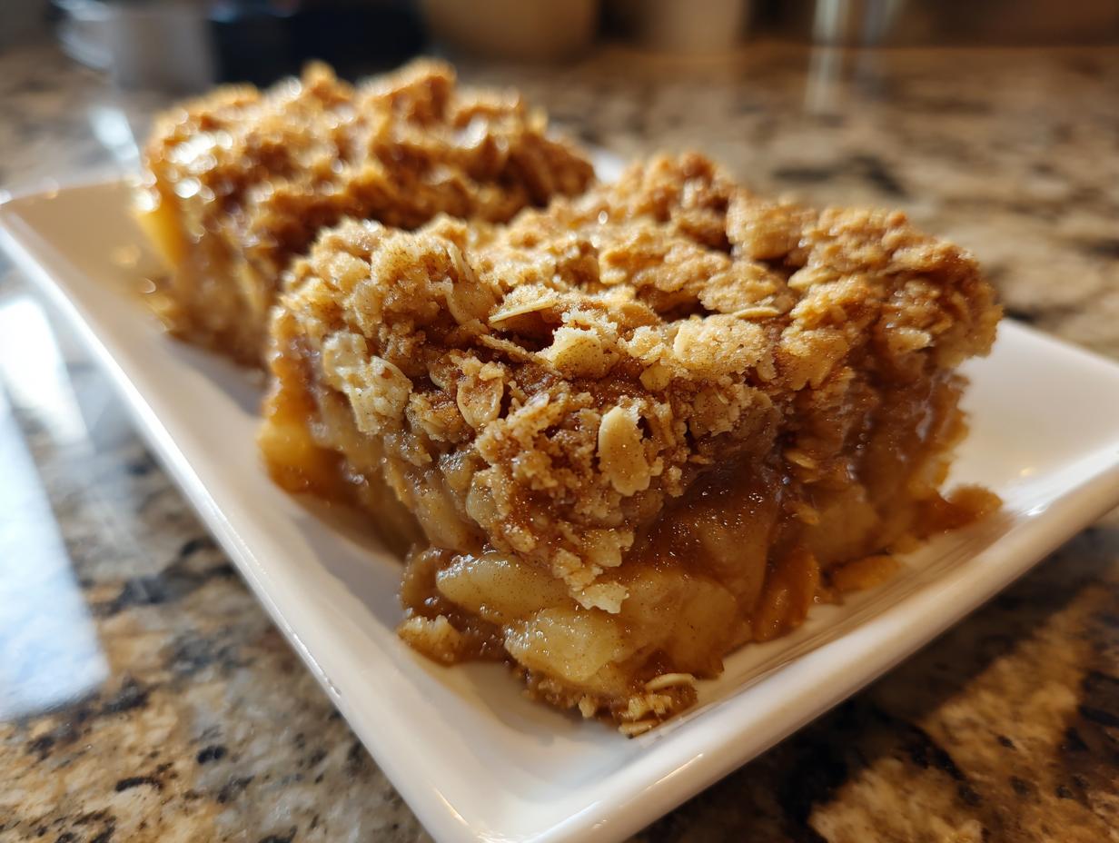 Two squares of rich, gooey cinnamon apple crisps with a thick oat topping served on a small white rectangular dish.
