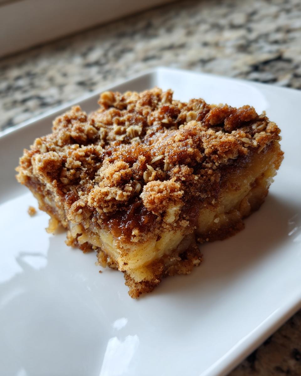 A close-up of a square serving of cinnamon apple crisps with a thick, crumbly topping on a white plate.