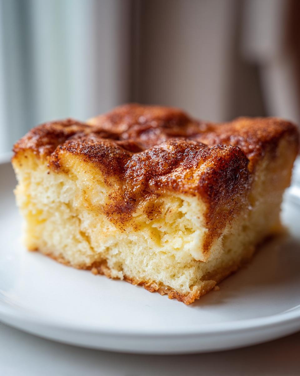 Close-up of a square serving of baked french toast with a rich, sugary cinnamon topping.