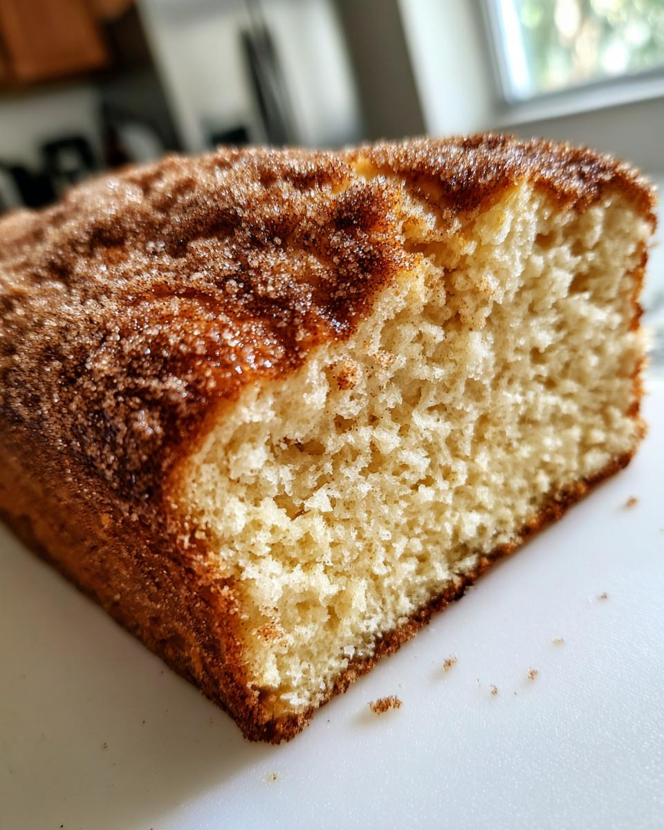 Close-up view showing the moist crumb and sugary cinnamon topping of the baked cinnamon sugar bread.