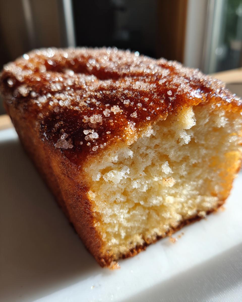 A close-up cross-section of moist cinnamon sugar bread topped with a glistening, crunchy layer of sugar crystals.
