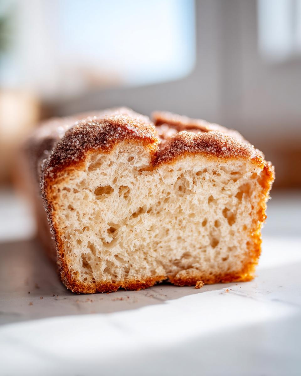 A close-up cross-section of soft cinnamon sugar bread showing a fluffy interior and a sparkling cinnamon sugar crust.
