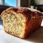 A close-up, sunlit view of a sliced loaf of moist cinnamon sugar bread topped with sparkling sugar crystals.