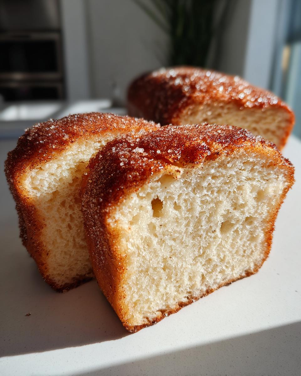 Two thick slices of soft cinnamon sugar bread showing the fluffy interior and sugary crust.