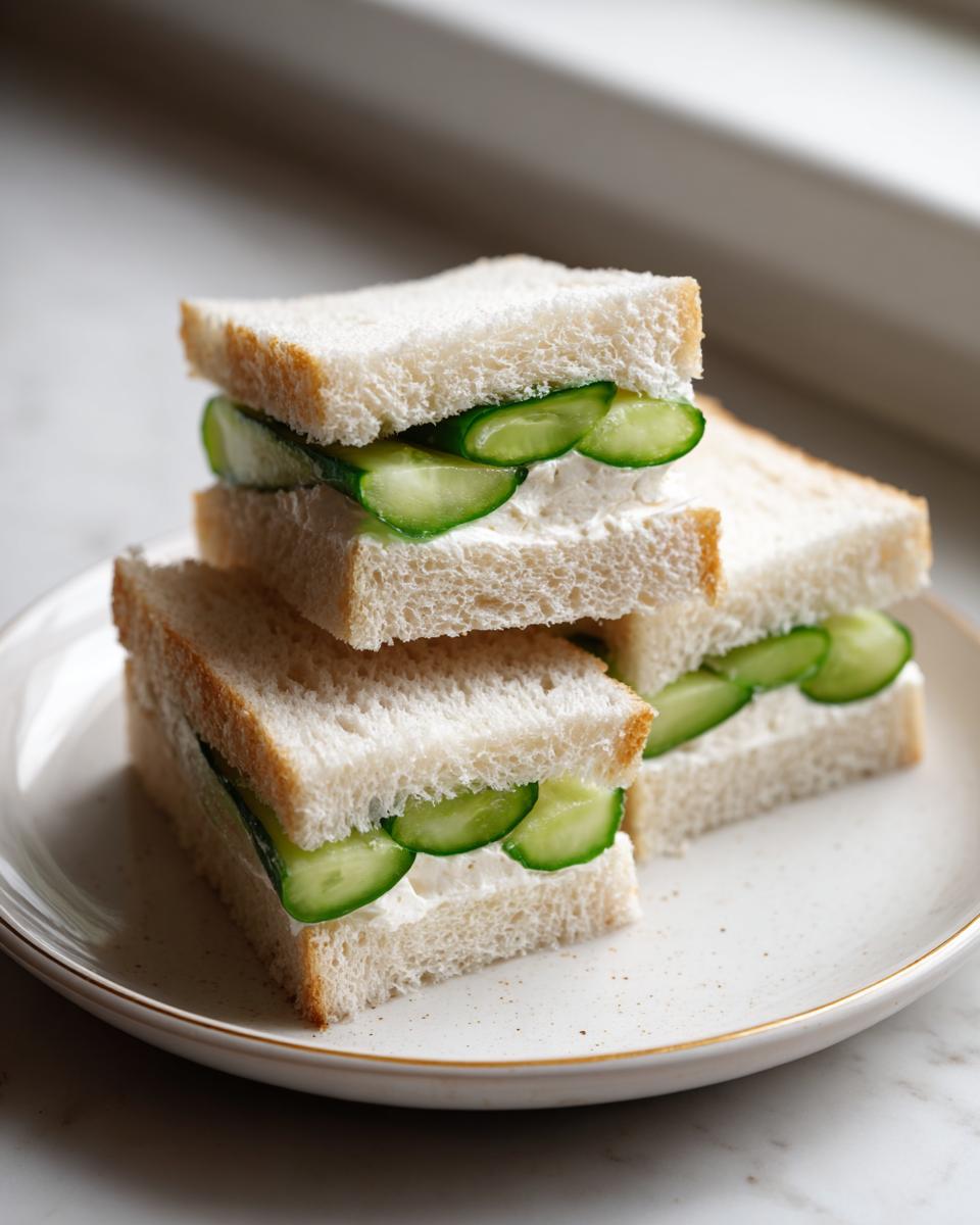 A stack of three crustless cucumber sandwiches filled with cream cheese and thin cucumber slices.