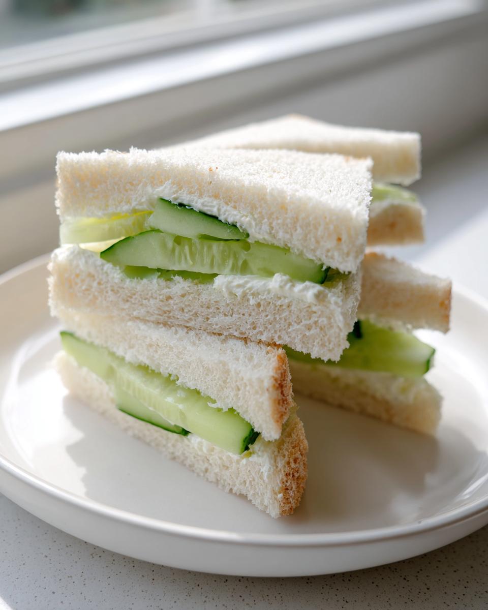 Stack of crustless cucumber sandwiches made with white bread, cream cheese, and thinly sliced cucumbers.