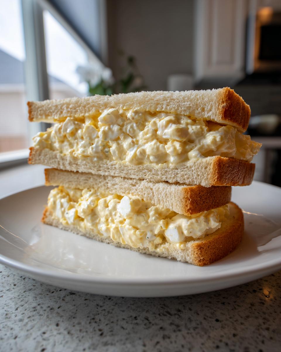 Two halves of a thick egg salad sandwich stacked on a white plate, showcasing creamy filling between white bread slices.