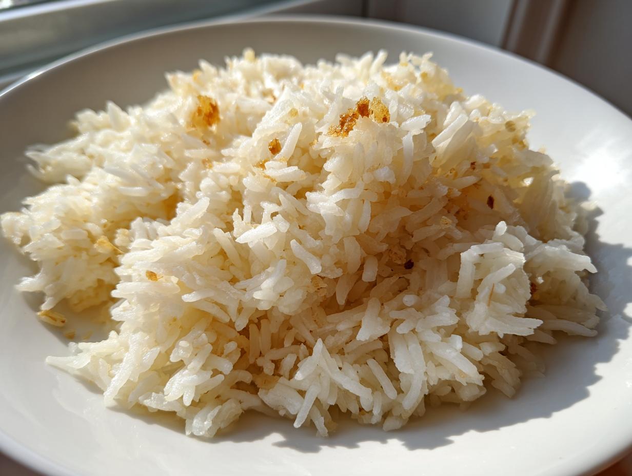 Close-up of fluffy white rice seasoned with browned bits from the coconut ginger garlic rice recipe, served in a white bowl.
