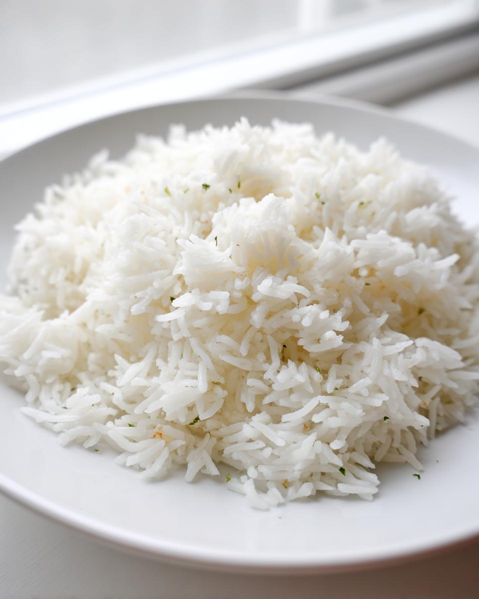 A mound of fluffy white basmati rice, prepared for the coconut ginger garlic rice recipe, served on a white plate.