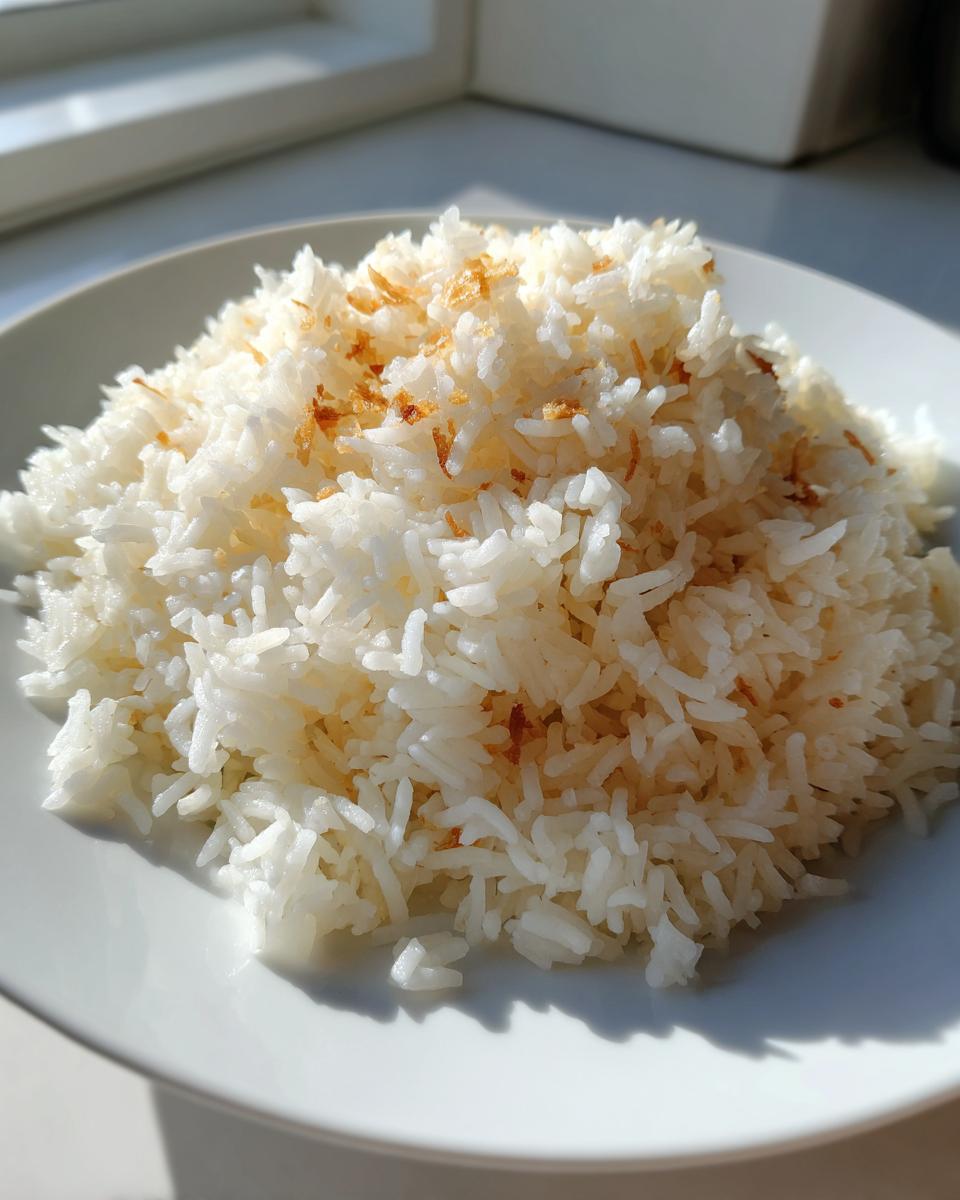 A mound of fluffy white coconut ginger garlic rice topped with toasted bits, served on a simple white plate.