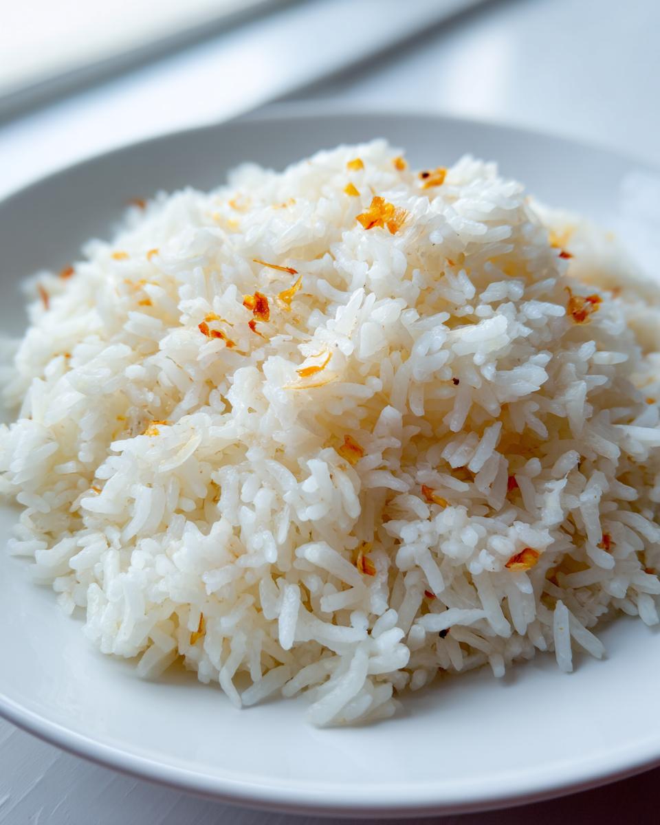 A close-up of fluffy white rice seasoned with browned bits of ginger and garlic, ready to serve for the coconut ginger garlic rice recipe.