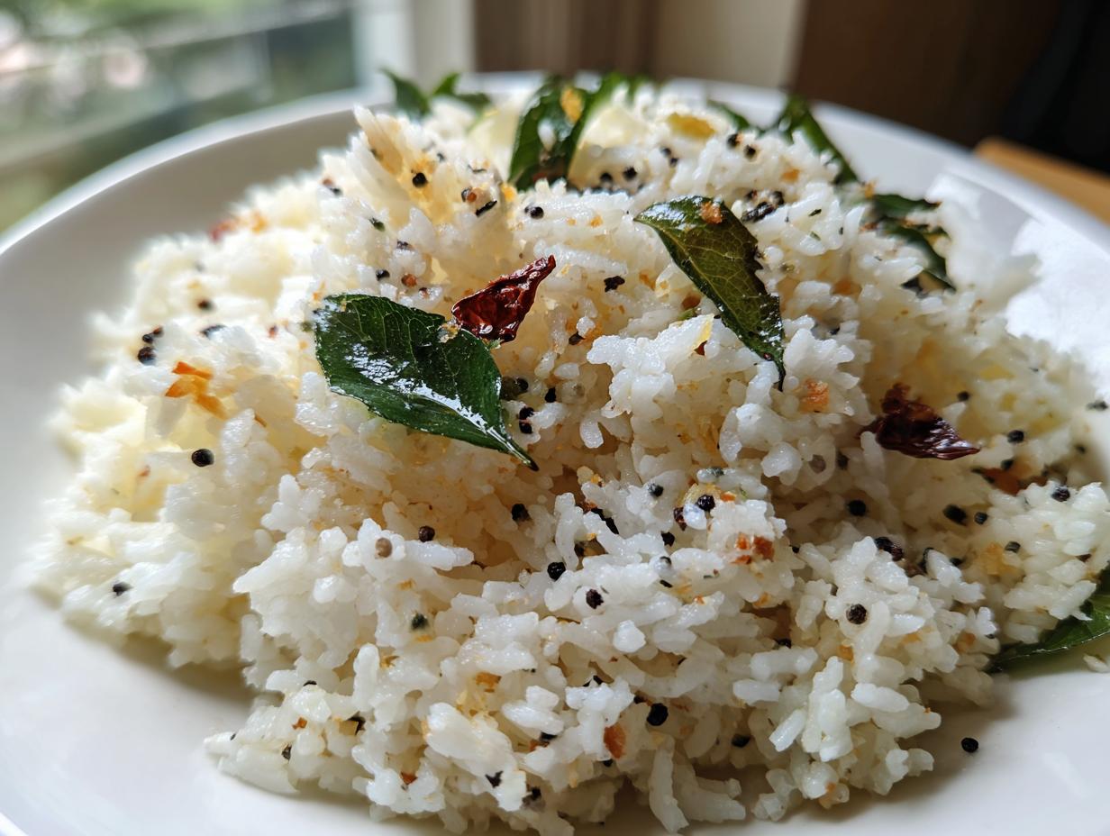 Close-up of fluffy white coconut pepper rice garnished with curry leaves and mustard seeds.