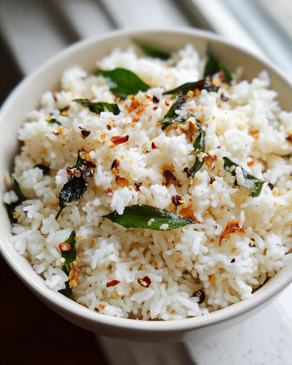 Close-up of fluffy white coconut pepper rice garnished with fried curry leaves and chili flakes in a light bowl.