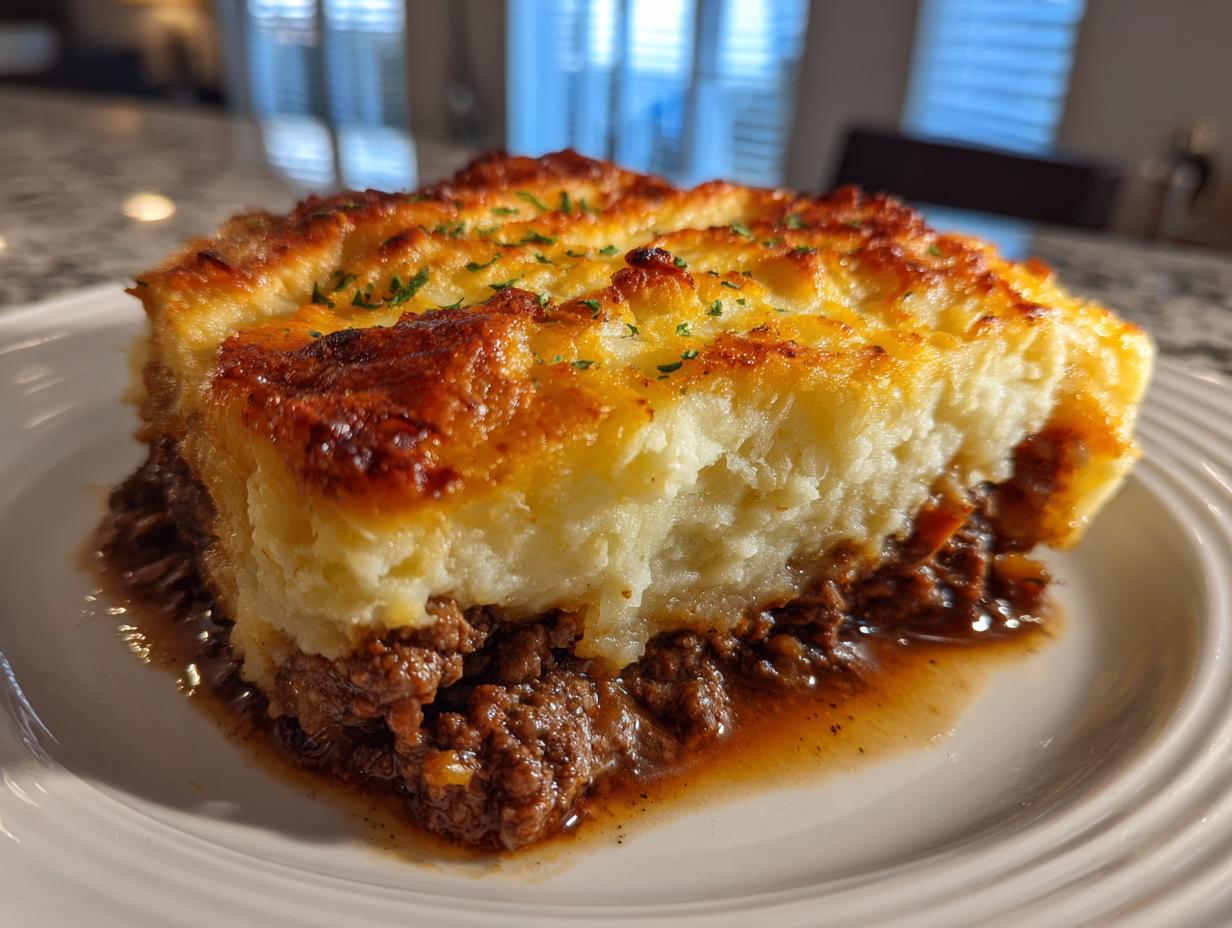 A thick, golden-brown slice of cottage pie showing rich meat filling and fluffy mashed potato topping.