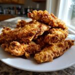 A close-up, appetizing pile of golden brown, crispy Cracker Barrel Chicken Tenders stacked on a white plate.