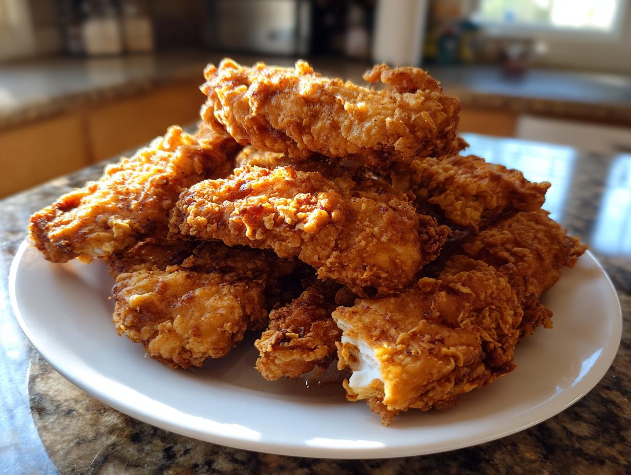 A large pile of crispy, golden brown Cracker Barrel Chicken Tenders stacked high on a white plate.