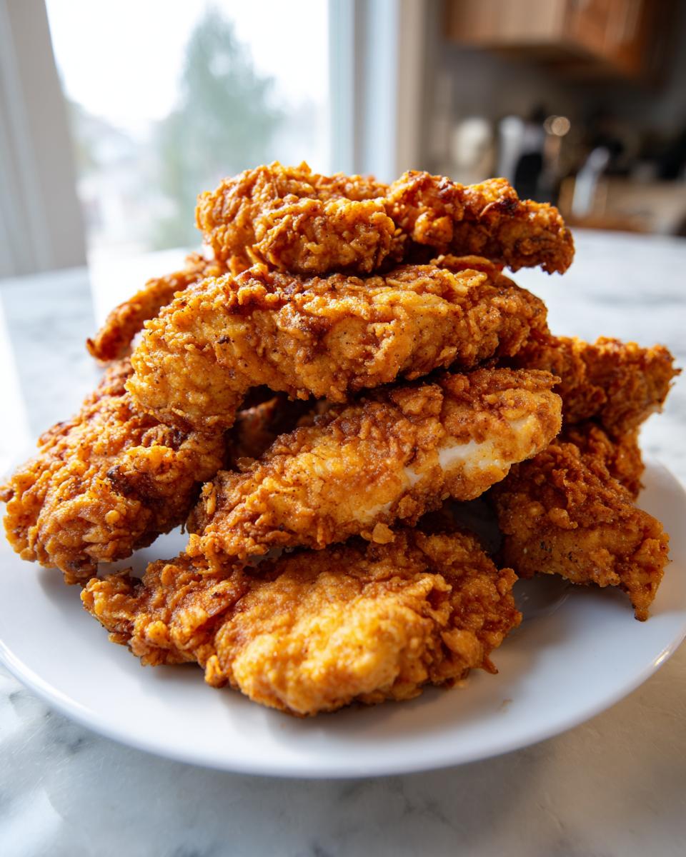 A tall stack of crispy, golden brown Cracker Barrel chicken tenders piled high on a white plate.
