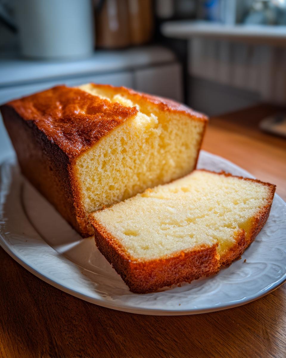 A loaf of golden brown cream cheese pound cake with one thick slice cut and resting beside it on a white plate.