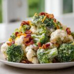 Close-up of creamy broccoli cauliflower salad topped generously with crispy bacon bits and shredded cheddar cheese.
