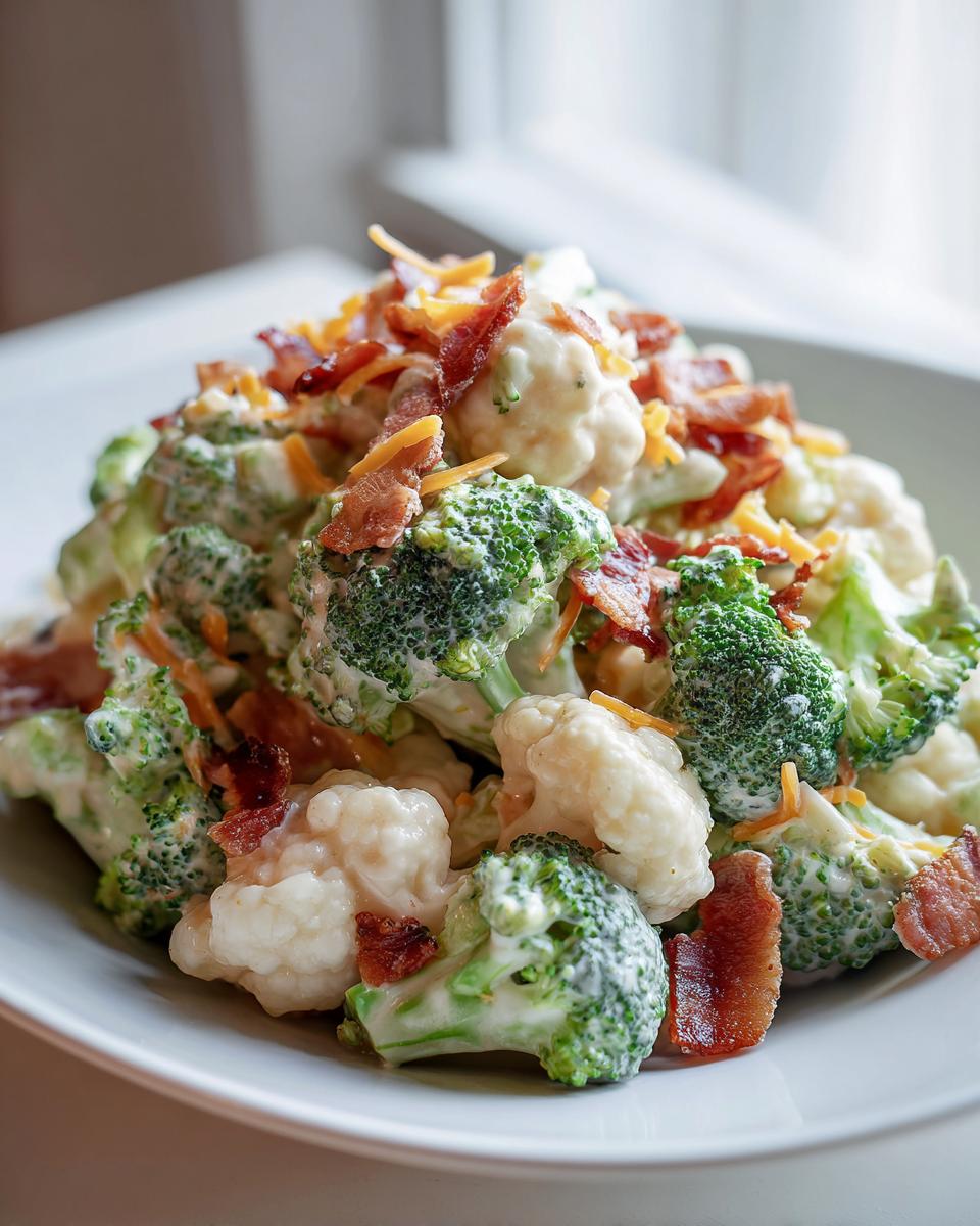 A close-up of a creamy broccoli cauliflower salad topped with crumbled bacon and shredded cheddar cheese.