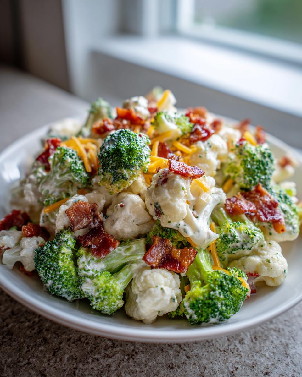 A close-up of a creamy broccoli cauliflower salad topped with shredded cheese and crispy bacon pieces.