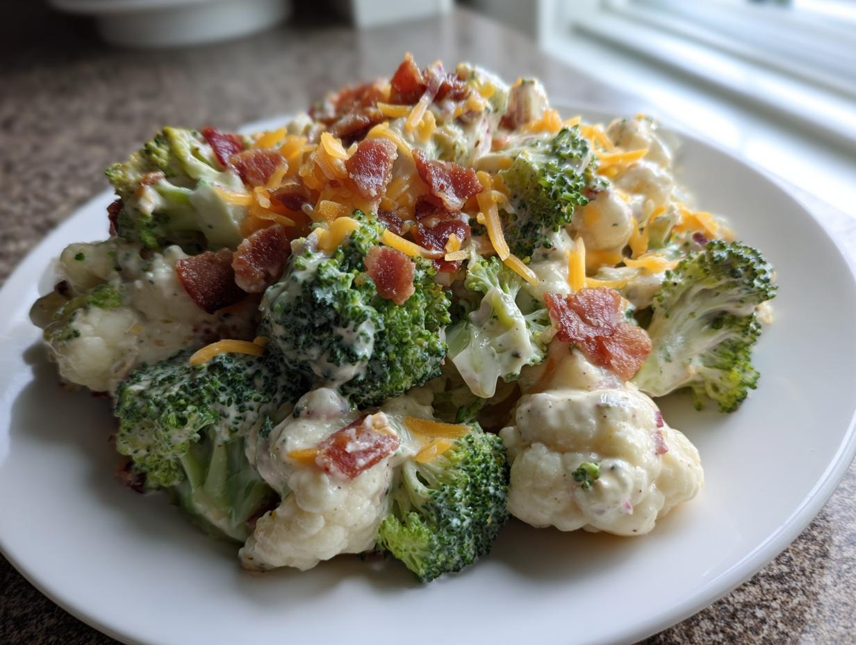 A close-up of a creamy broccoli cauliflower salad topped with shredded cheddar cheese and crispy bacon bits.