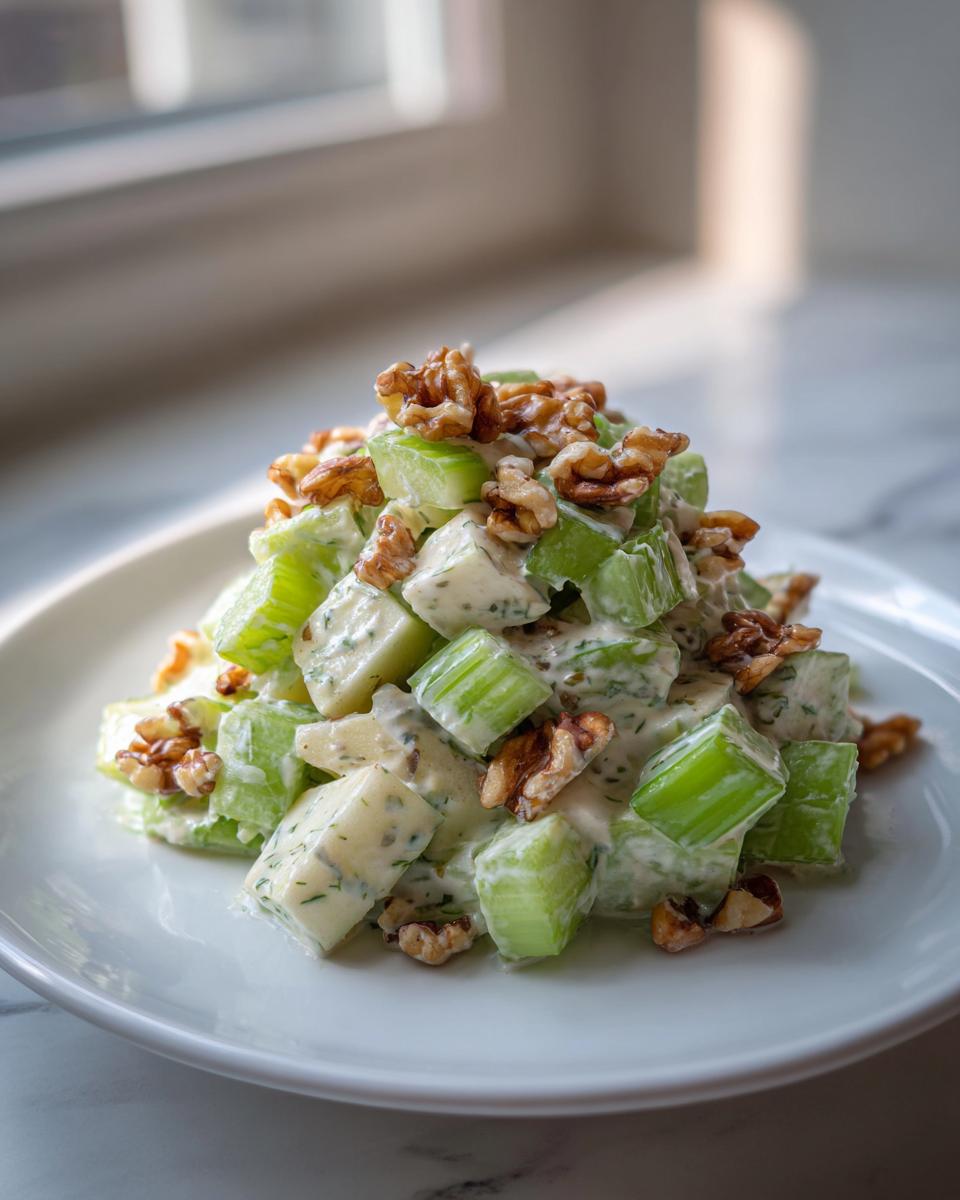 A mound of creamy celery salad featuring chopped celery, a white dressing, and topped with walnuts.