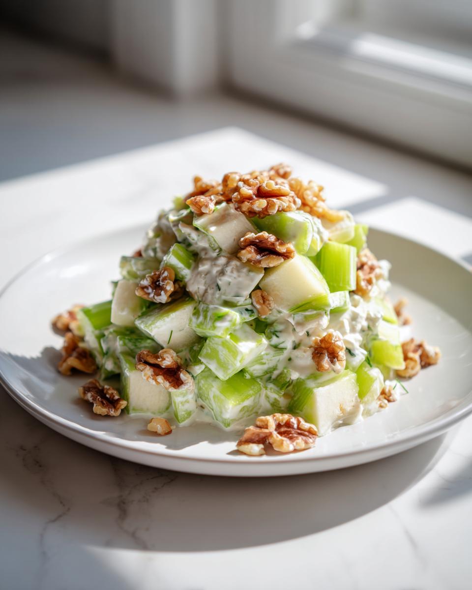 A mound of creamy celery salad mixed with apples and topped generously with walnuts, served on a white plate.