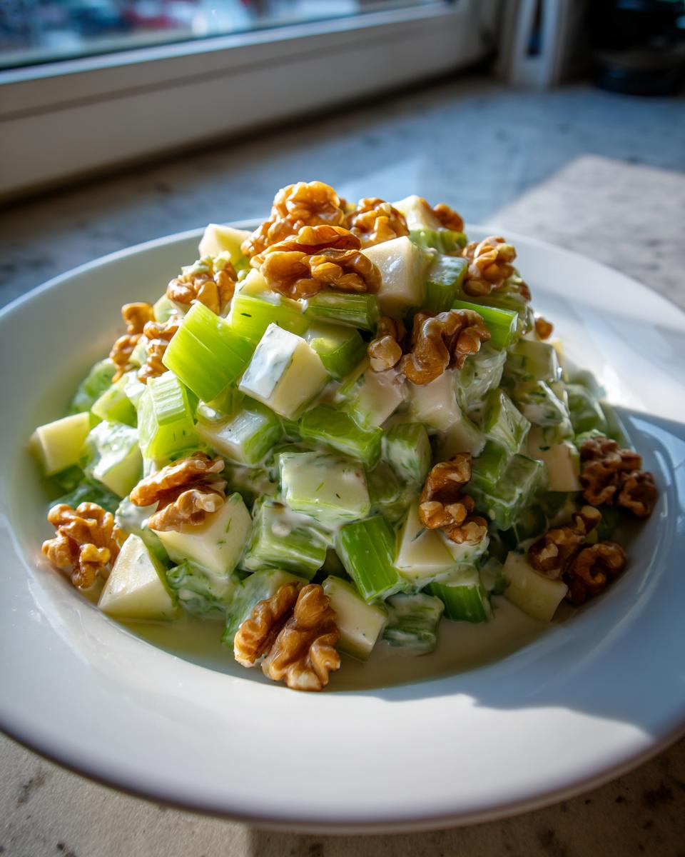 A mound of creamy celery salad mixed with apple chunks and topped generously with whole walnuts.