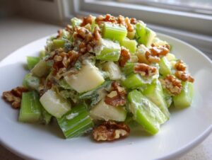 A close-up of a creamy celery salad mixed with apple chunks and topped generously with walnuts.