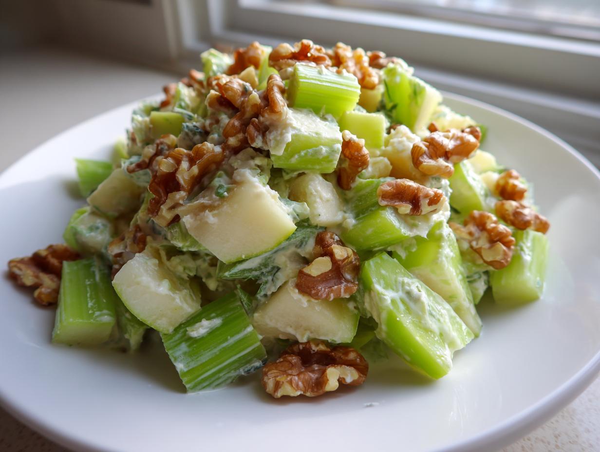 A close-up of a creamy celery salad mixed with apple chunks and topped generously with walnuts.