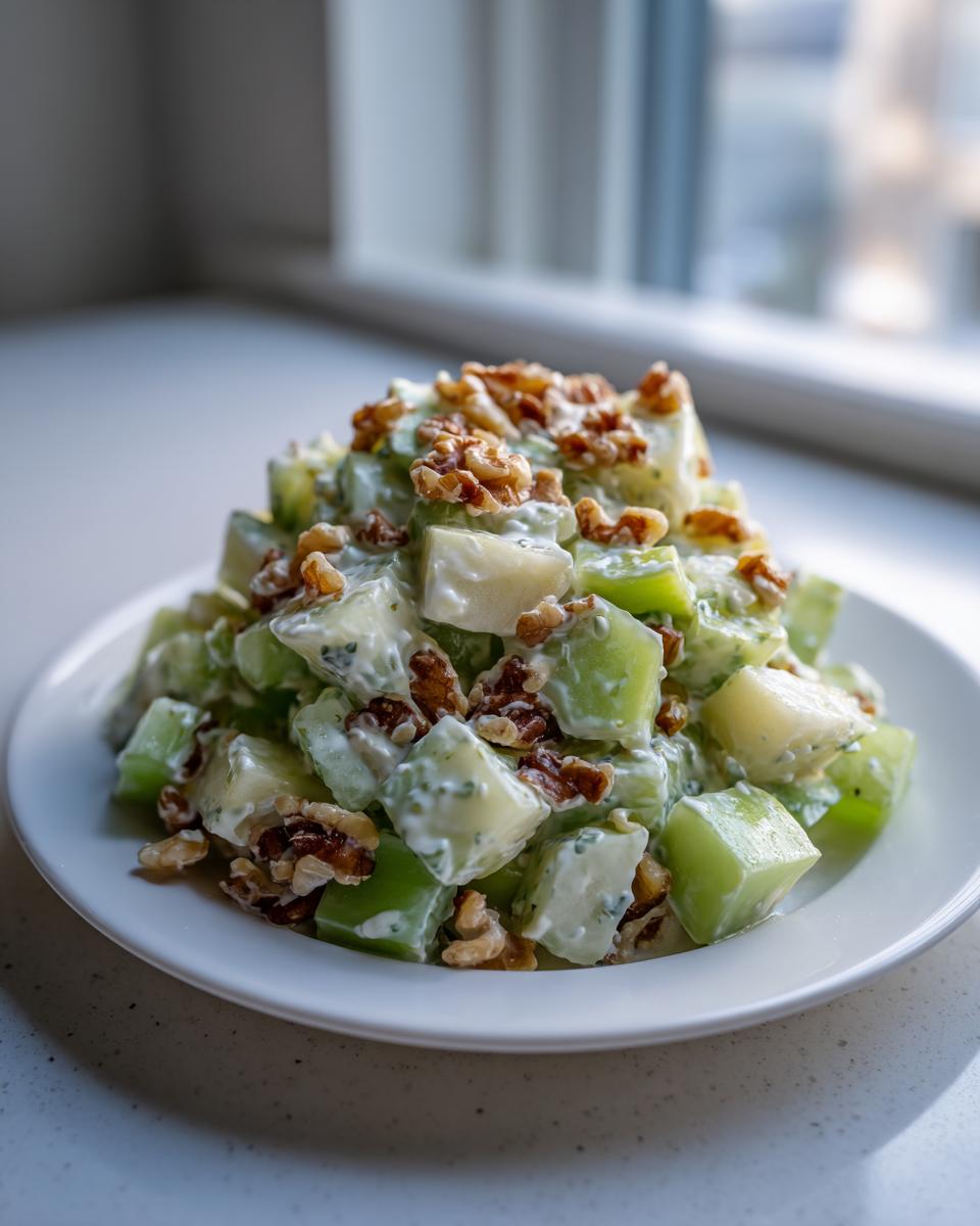 A mound of creamy celery salad mixed with chunks of apple and topped generously with walnuts.