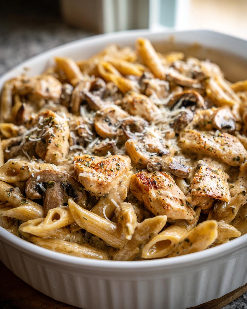 Close-up of a creamy chicken marsala casserole featuring penne pasta, sautéed mushrooms, and browned chicken pieces.