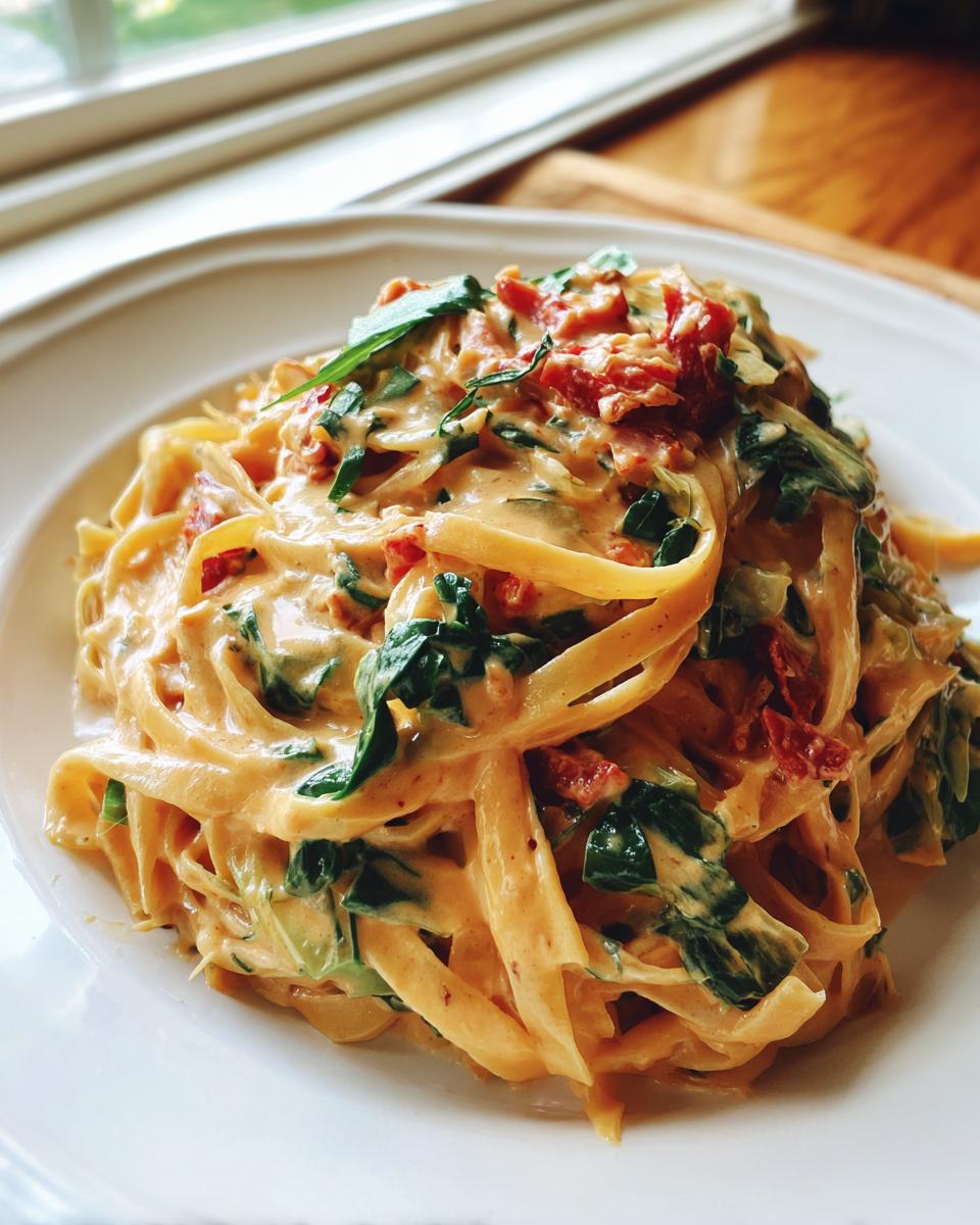 Close-up of creamy marry me cabbage pasta featuring fettuccine noodles, spinach, and sun-dried tomatoes on a white plate.