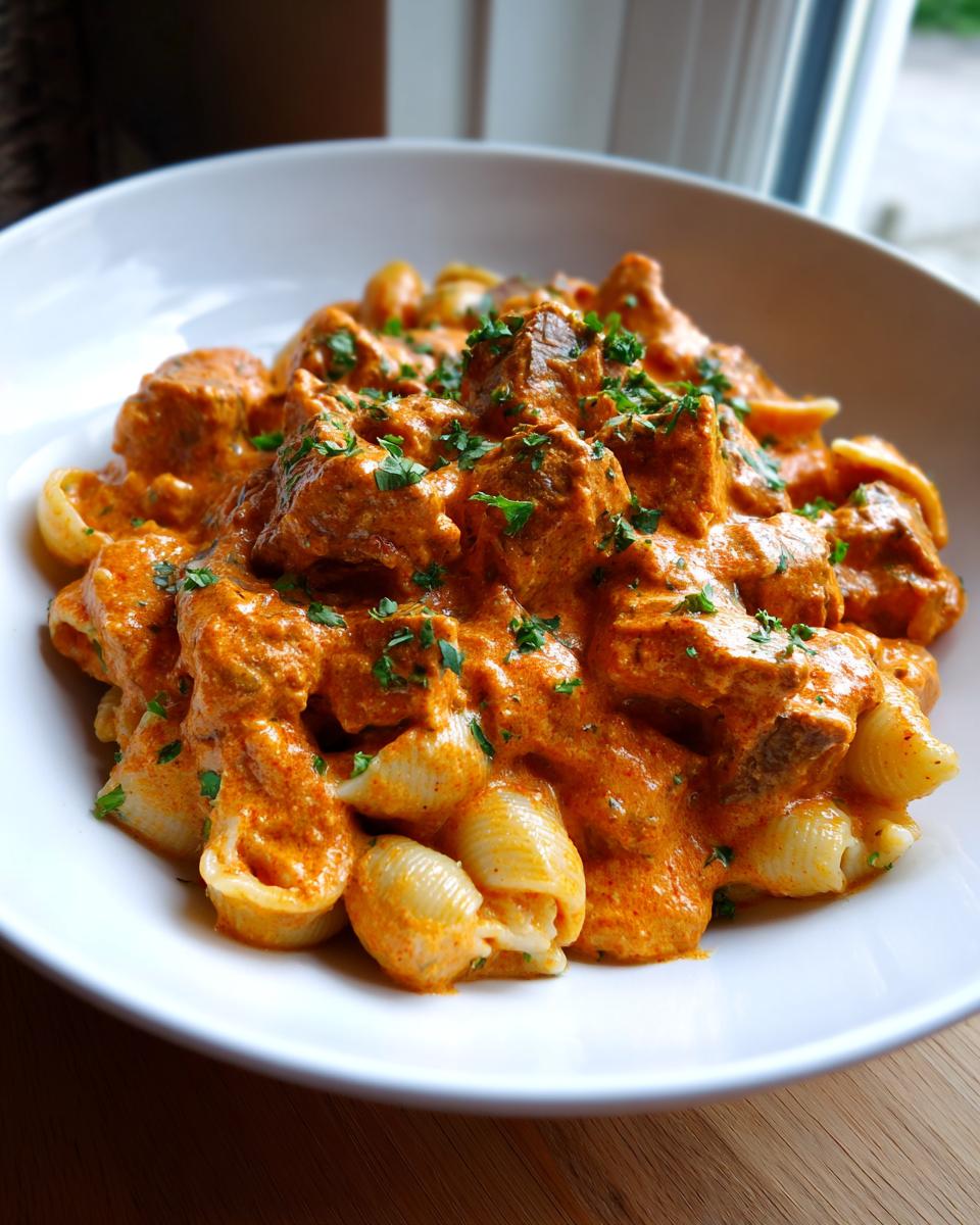 A close-up of a white bowl filled with creamy paprika steak and shells pasta, topped with fresh parsley.