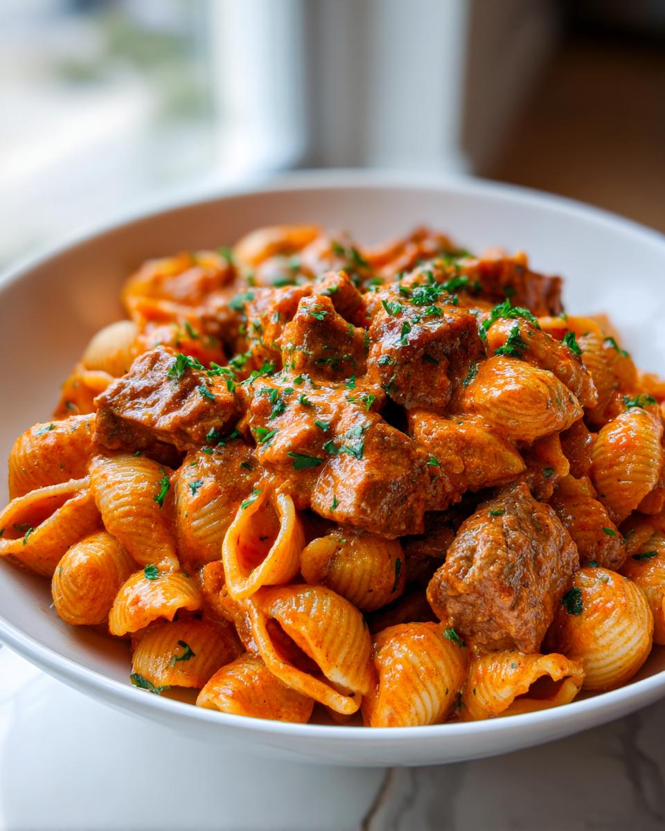 Close-up of a white bowl filled with creamy paprika steak and shells pasta, garnished with fresh parsley.