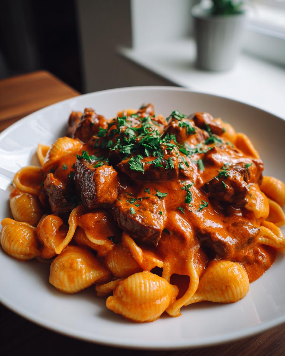 Close-up of a white bowl filled with creamy paprika steak and shells pasta, garnished with fresh parsley.
