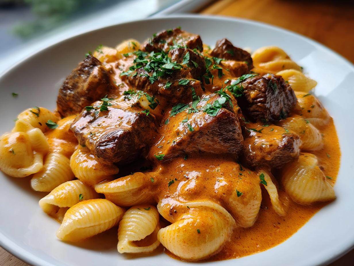 A close-up of a white bowl filled with creamy paprika steak and shells pasta, topped with chopped parsley.
