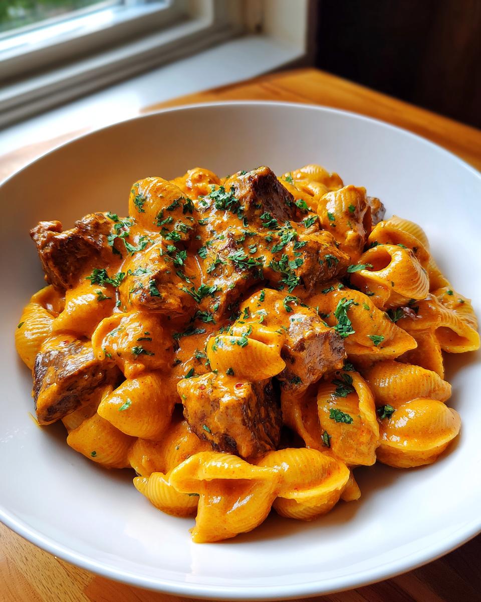 A close-up of creamy paprika steak and shells pasta dish topped with fresh parsley in a white bowl.