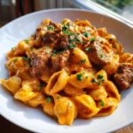 Close-up of creamy paprika steak and shells pasta dish topped with fresh parsley in a white bowl.