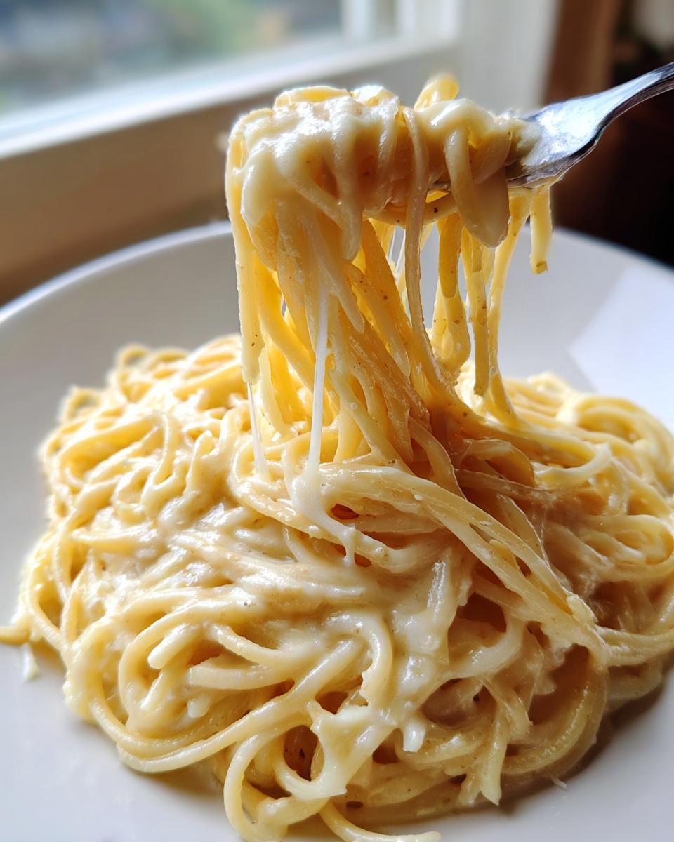 Close-up of creamy parmesan pasta being lifted high on a fork, showing cheese stretch.