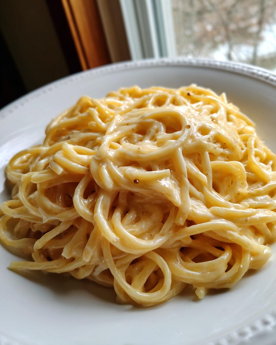 Close-up of creamy, cheesy spaghetti coated in sauce, representing the 25-minute parmesan pasta recipe.